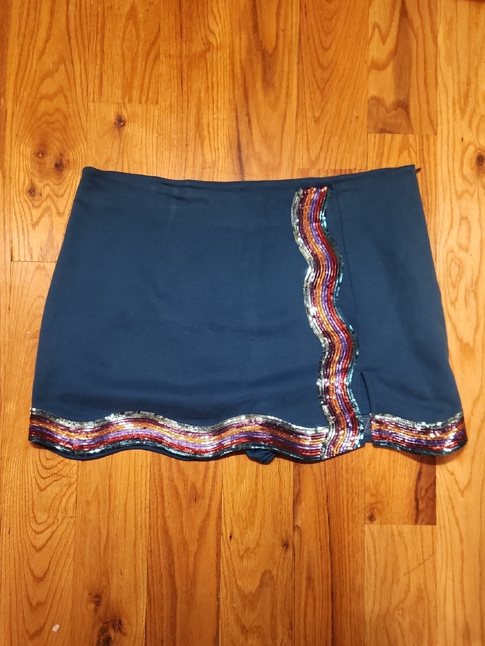 QUEEN OF SPARKLES Teal Mini Skirt with Multicolored Sequin Wavy Trim